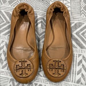 Tory Burch Cognac Brown Leather Logo Ballet Flats